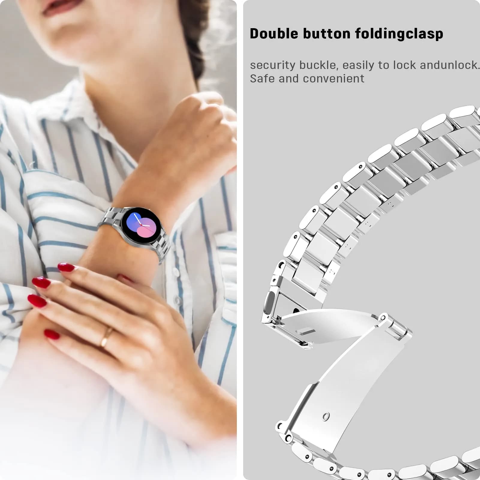 SPGUARD Metal Band Compatible with Samsung Galaxy Watch 7 6 5 4 Classic 40mm/42mm/43mm/44mm/45mm/46mm/47mm Silver | Adjustable Stainless Steel Strap - view 5