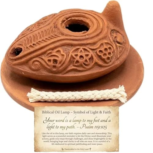 Holy Land Market Biblical Clay Oil Lamp Set, Byzantine Style, Plate, Wicks | Handcrafted Faith Symbol (120 chars) thumbnail 1