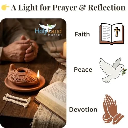 Holy Land Market Biblical Clay Oil Lamp Set, Byzantine Style, Plate, Wicks | Handcrafted Faith Symbol (120 chars) thumbnail 5