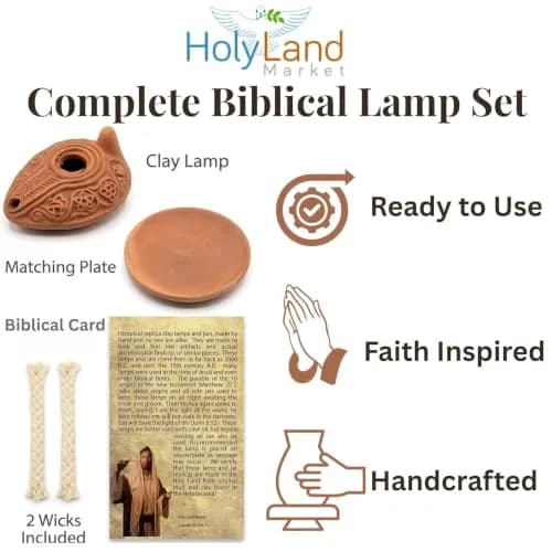Holy Land Market Biblical Clay Oil Lamp Set, Byzantine Style, Plate, Wicks | Handcrafted Faith Symbol (120 chars) thumbnail 2