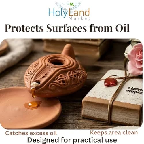 Holy Land Market Biblical Clay Oil Lamp Set, Byzantine Style, Plate, Wicks | Handcrafted Faith Symbol (120 chars) thumbnail 3