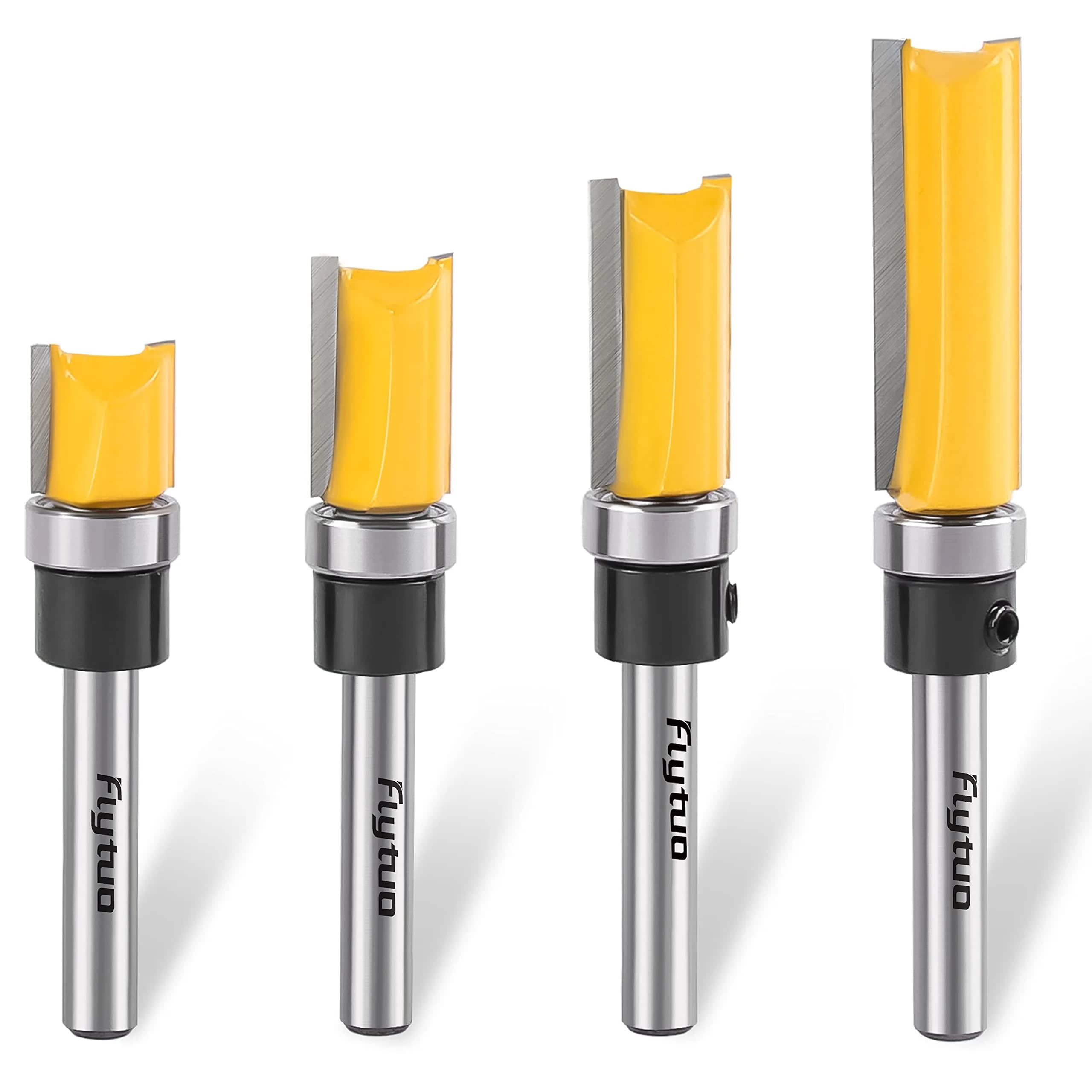 Flytuo 4-Piece Pattern Flush Trim Router Bit Set 1/4" Shank, 1/2" (12.7mm) Cutting Dia | Professional Carbide Top Bearing Kit - main product image