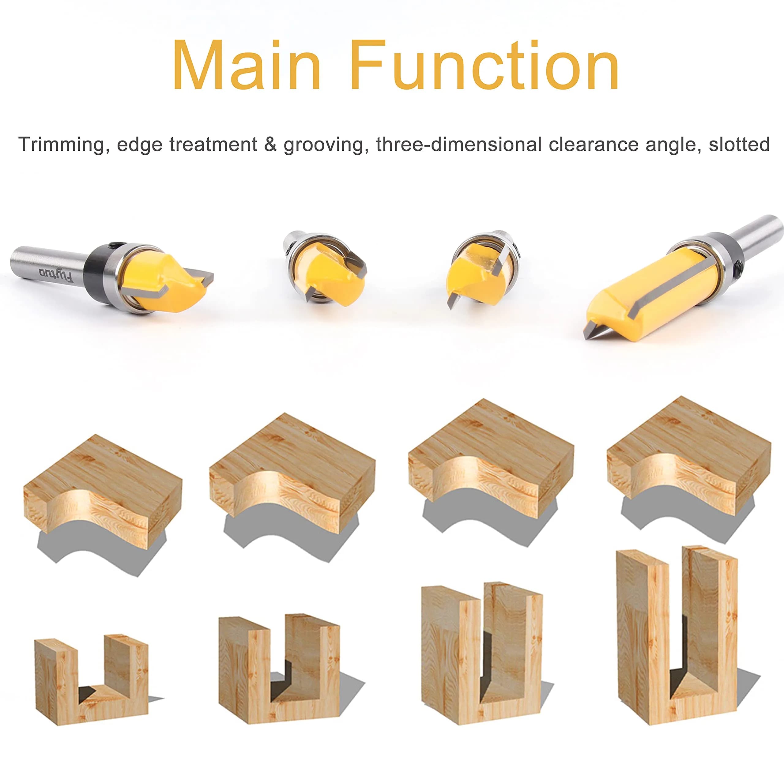 Flytuo 4-Piece Pattern Flush Trim Router Bit Set 1/4" Shank, 1/2" (12.7mm) Cutting Dia | Professional Carbide Top Bearing Kit - view 5