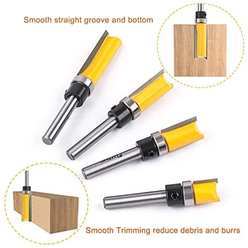 Flytuo 4-Piece Pattern Flush Trim Router Bit Set 1/4" Shank, 1/2" (12.7mm) Cutting Dia | Professional Carbide Top Bearing Kit thumbnail 6