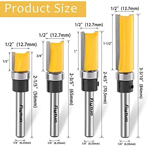 Flytuo 4-Piece Pattern Flush Trim Router Bit Set 1/4" Shank, 1/2" (12.7mm) Cutting Dia | Professional Carbide Top Bearing Kit thumbnail 2