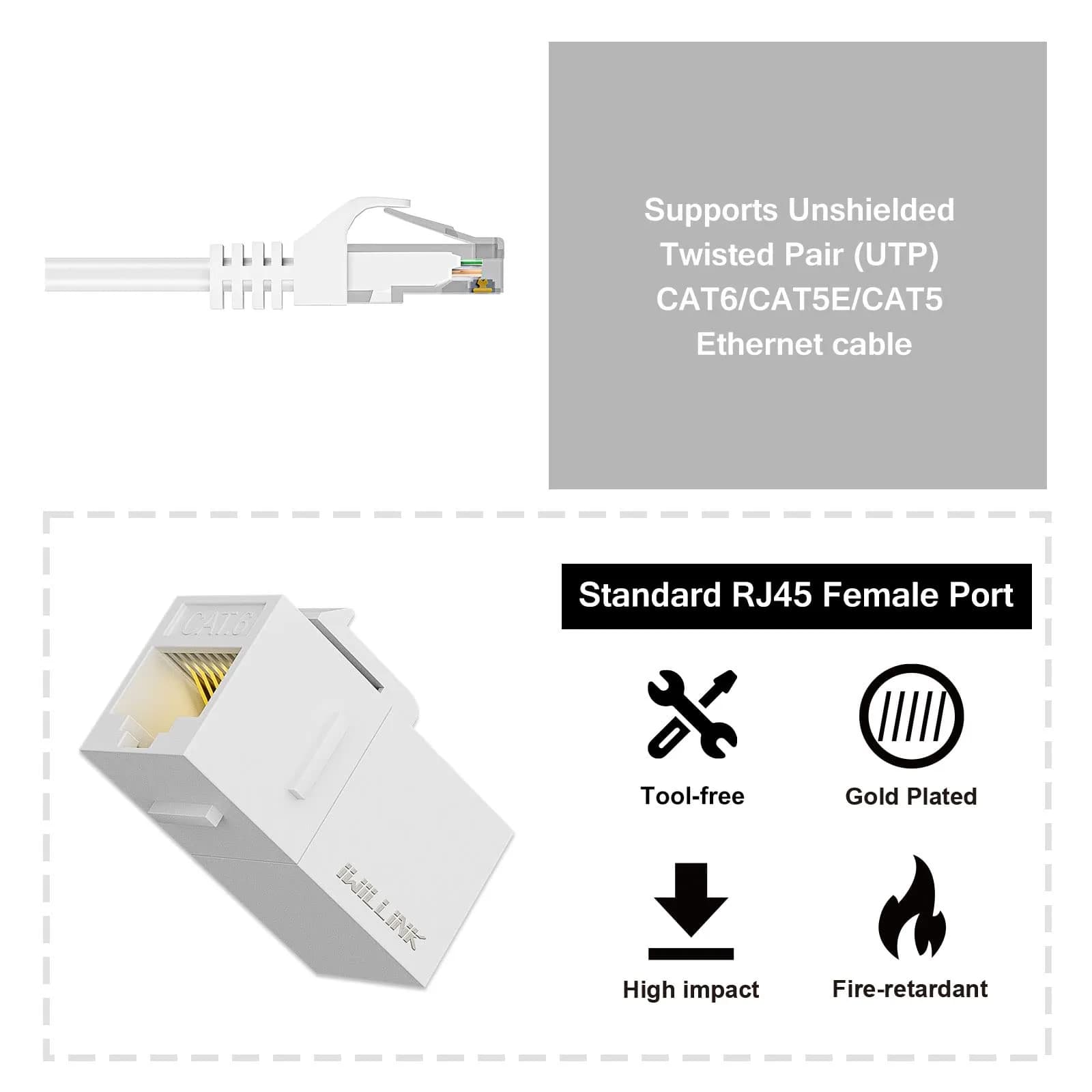 iwillink Cat6 Keystone Coupler 5-Pack, White | Connects Two Ethernet Cables for Stable Gigabit Speeds - view 4