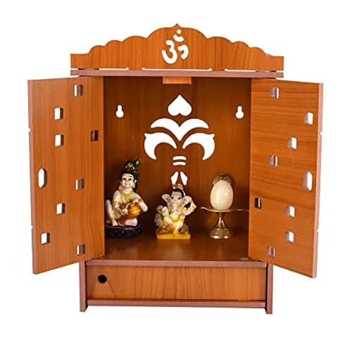 CrazyInk Handmade Wooden Home Temple with Doors & Storage Box | Red, 43cm x 28cm x 19cm thumbnail 1