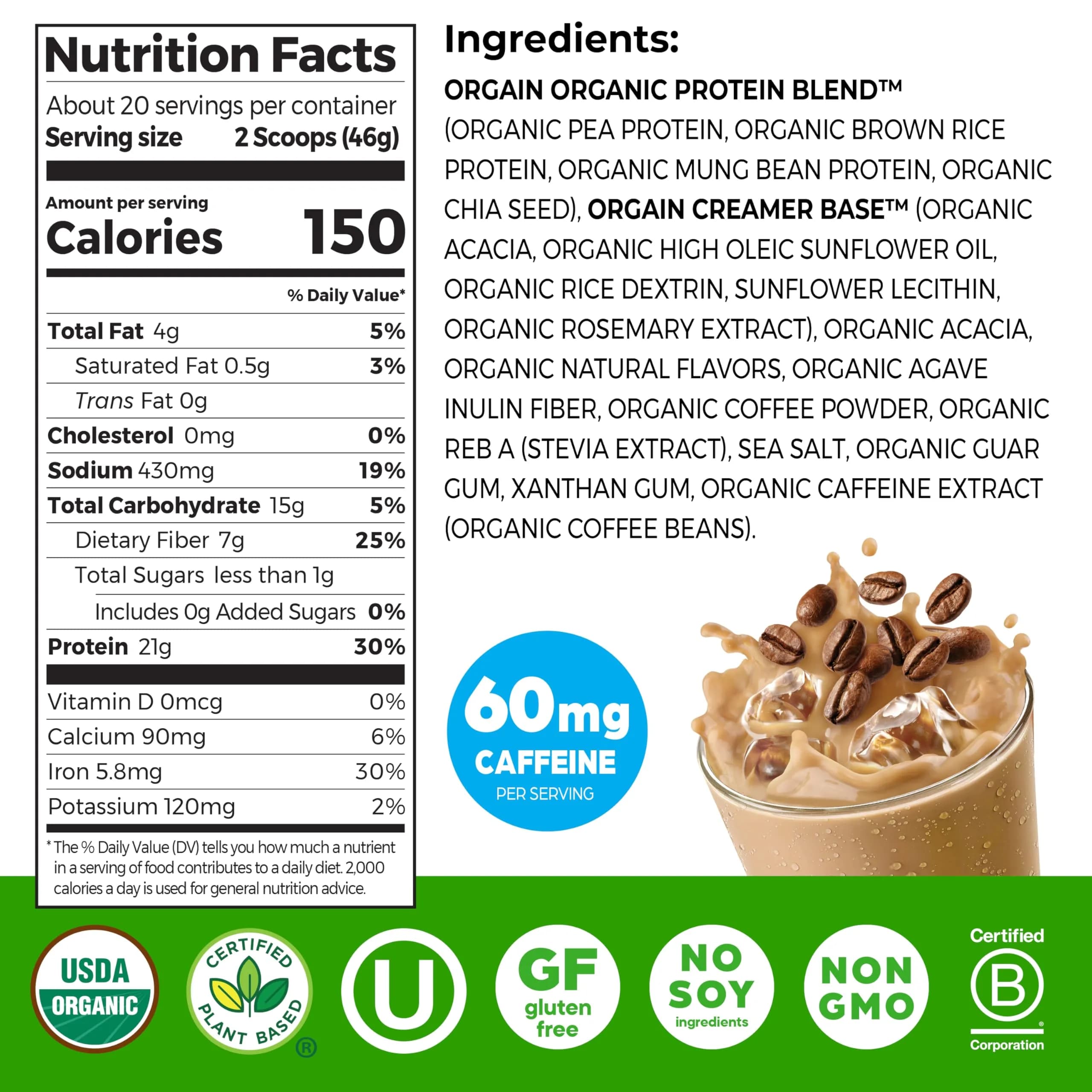 Orgain Organic Vegan Protein Powder, Iced Coffee Flavour, 2.03 lb - Delicious Plant-Based Nutrition - view 2