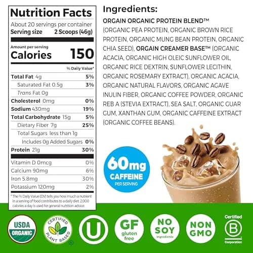 Orgain Organic Vegan 21g Protein Powder Iced Coffee 2.03 lb (920 g) | USDA Organic Plant-Based Protein with Caffeine thumbnail 2
