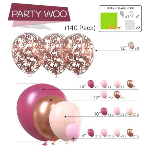 PartyWoo Rose Gold Pink Metallic Latex Balloon Arch Kit 140pcs | Assorted Colors for Party Planners thumbnail 2