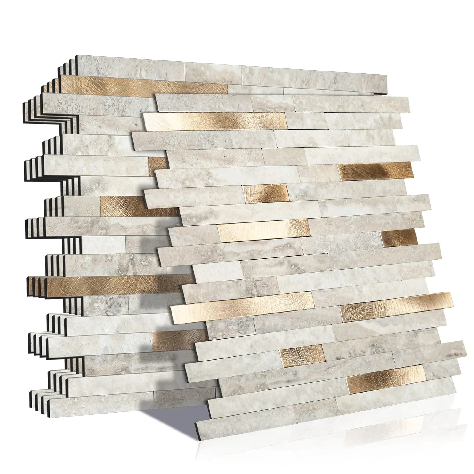 KASARO 6-Sheet Peel and Stick Backsplash Tiles for Kitchen, Beige + Gold | Modern Geometric Aluminum Wall Tile - main product image