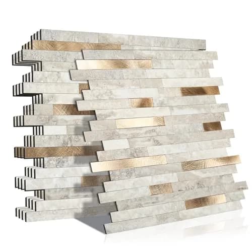 KASARO 6-Sheet Peel and Stick Backsplash Tiles for Kitchen, Beige + Gold | Modern Geometric Aluminum Wall Tile thumbnail 1