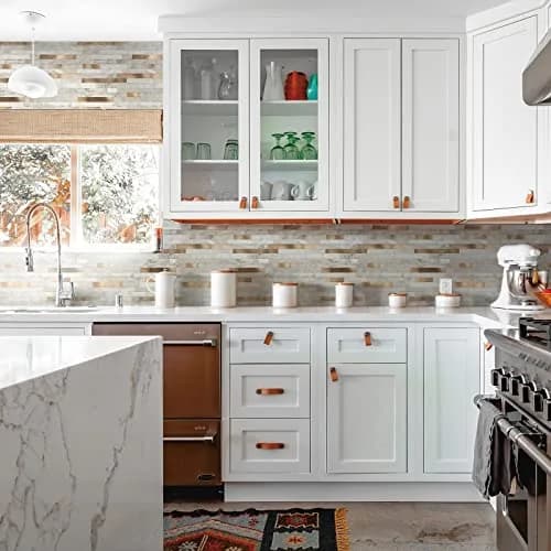 KASARO 6-Sheet Peel and Stick Backsplash Tiles for Kitchen, Beige + Gold | Modern Geometric Aluminum Wall Tile thumbnail 5