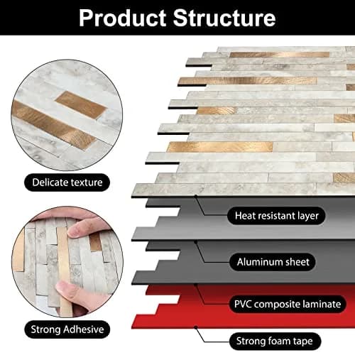 KASARO 6-Sheet Peel and Stick Backsplash Tiles for Kitchen, Beige + Gold | Modern Geometric Aluminum Wall Tile thumbnail 6