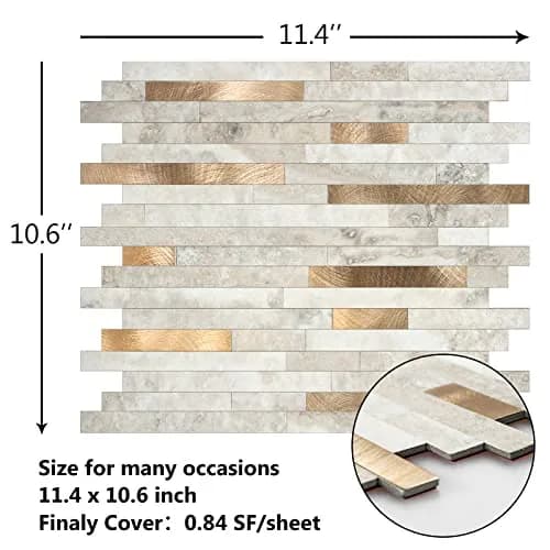 KASARO 6-Sheet Peel and Stick Backsplash Tiles for Kitchen, Beige + Gold | Modern Geometric Aluminum Wall Tile thumbnail 2