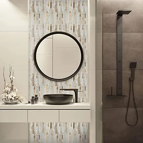 KASARO 6-Sheet Peel and Stick Backsplash Tiles for Kitchen, Beige + Gold | Modern Geometric Aluminum Wall Tile thumbnail 3