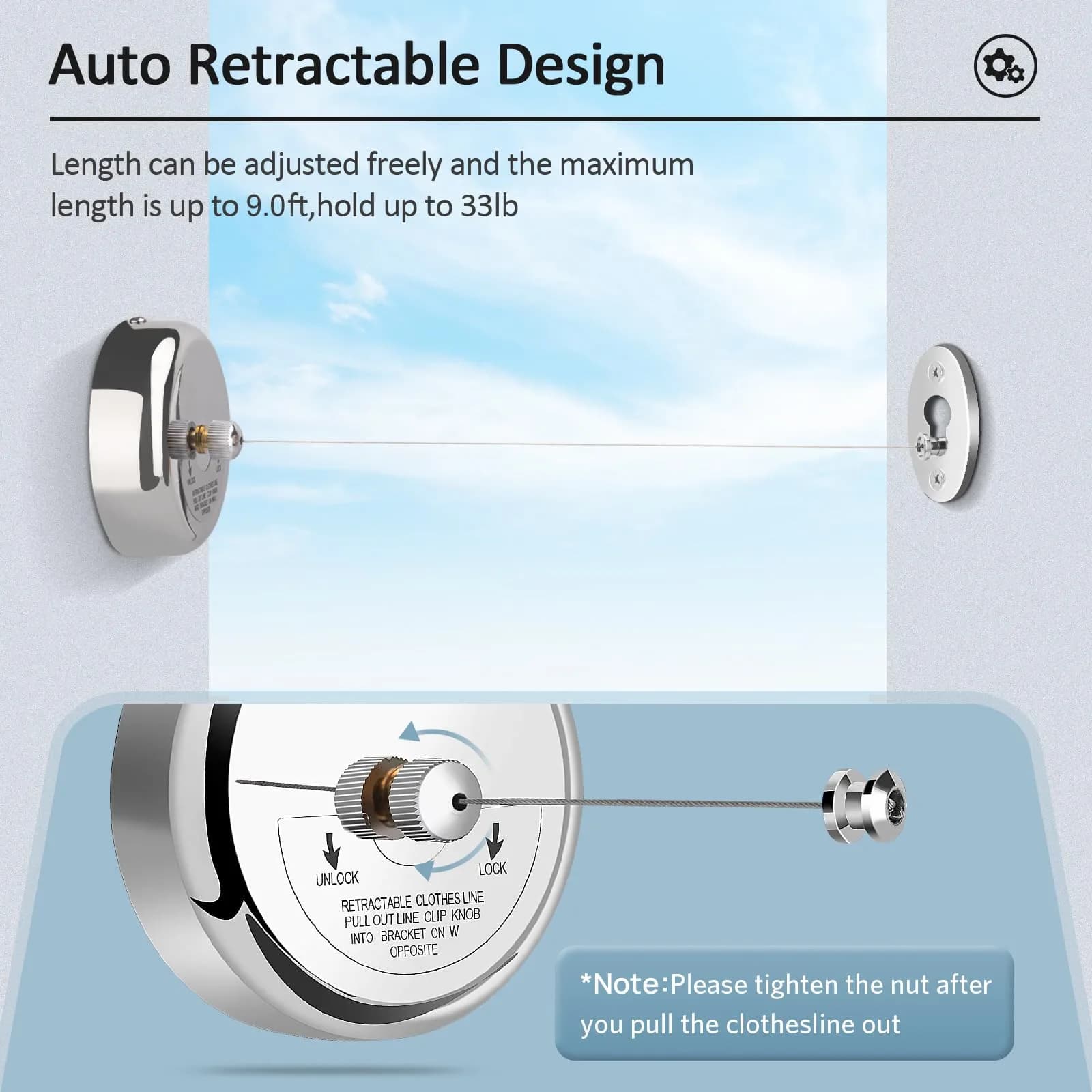 Clatoon Retractable Clothesline 2.7 m (9.0 ft) | Heavy Duty Stainless Steel for Indoor & Outdoor Use - view 4
