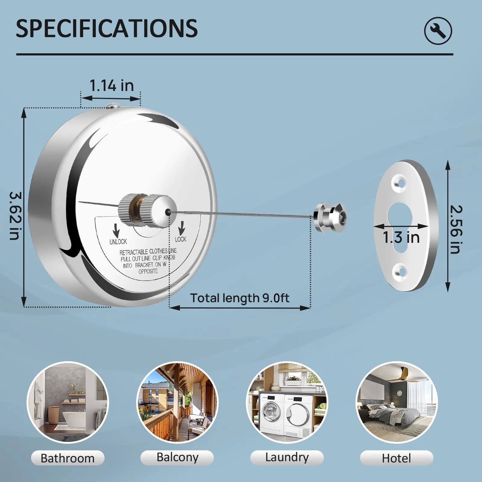 Clatoon Retractable Clothesline 2.7 m (9.0 ft) | Heavy Duty Stainless Steel for Indoor & Outdoor Use - view 5