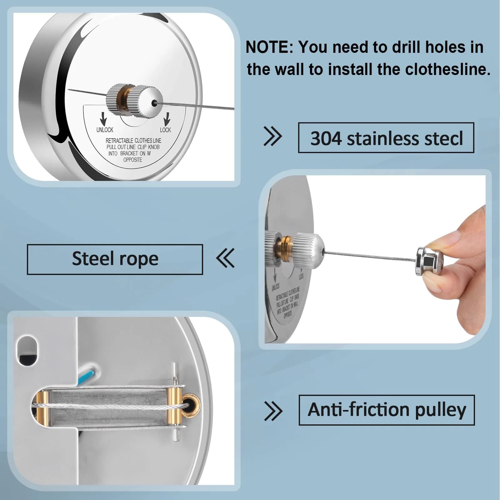 Clatoon Retractable Clothesline 2.7 m (9.0 ft) | Heavy Duty Stainless Steel for Indoor & Outdoor Use - view 2