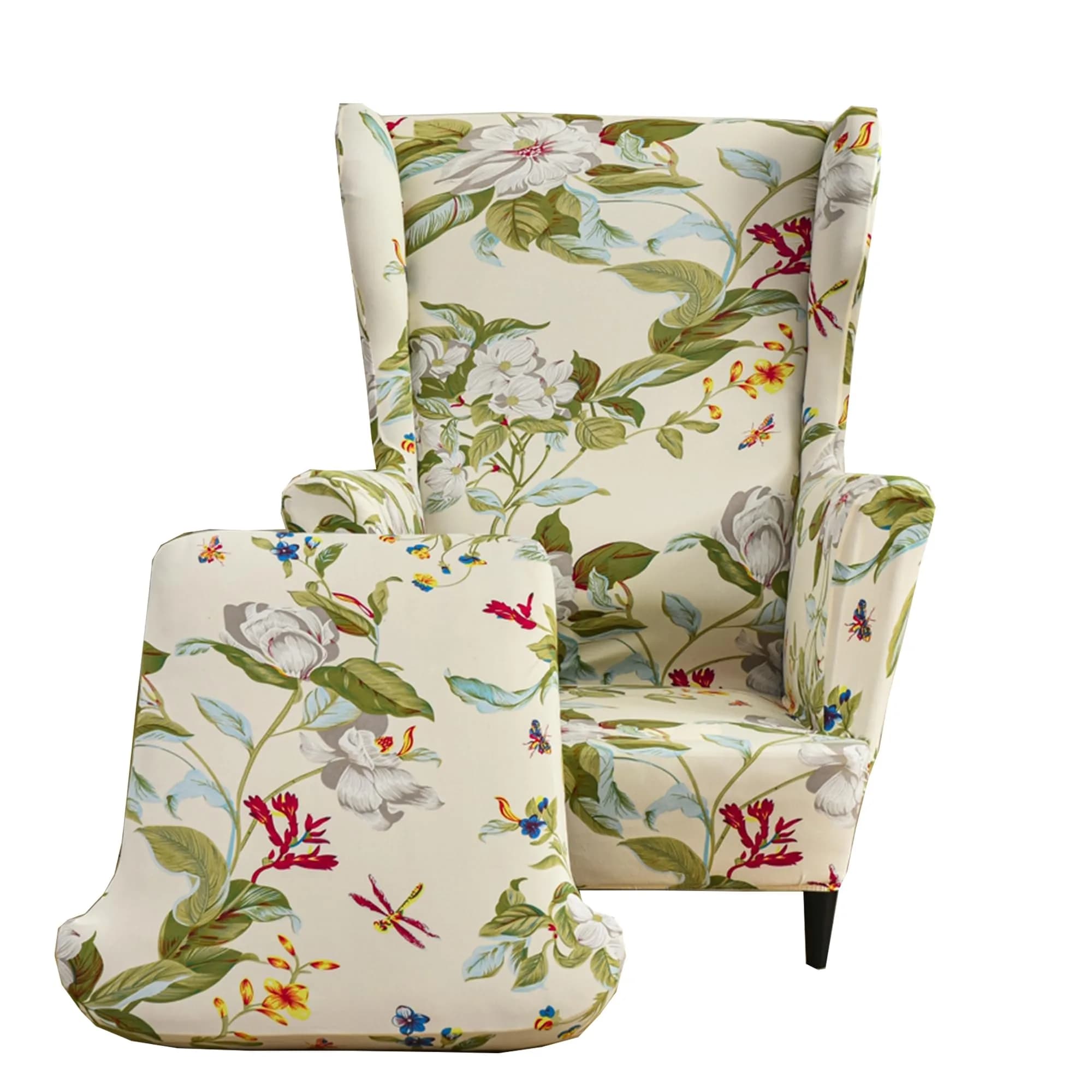 CRFATOP Wingback Chair Covers 2-Piece Set (1 Wing Cover + 1 Cushion Cover) | Stretch Polyester Spandex Blend, Floral Pattern, Modern Style