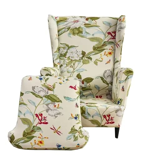 CRFATOP Wingback Chair Covers 2-Piece Set (1 Wing Cover + 1 Cushion Cover) | Stretch Polyester Spandex Blend, Floral Pattern, Modern Style thumbnail 1