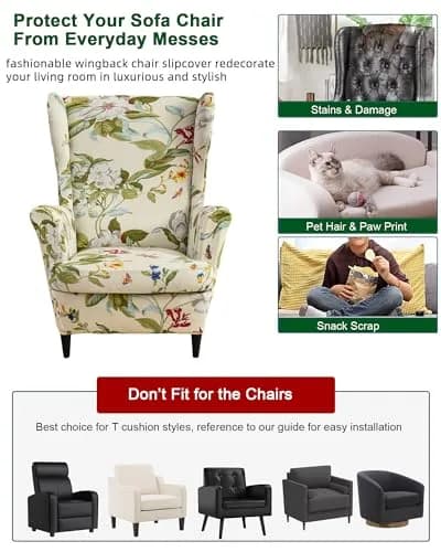 CRFATOP Wingback Chair Covers 2-Piece Set (1 Wing Cover + 1 Cushion Cover) | Stretch Polyester Spandex Blend, Floral Pattern, Modern Style thumbnail 5