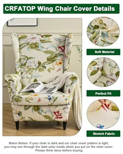 CRFATOP Wingback Chair Covers 2-Piece Set (1 Wing Cover + 1 Cushion Cover) | Stretch Polyester Spandex Blend, Floral Pattern, Modern Style thumbnail 2