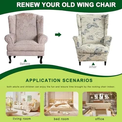 CRFATOP Wingback Chair Cover Color 04 Floral Pattern Stretchable Armchair Slipcover for Living Room, 2 Pieces (Fits 37.4-43.3in Backrest) thumbnail 4