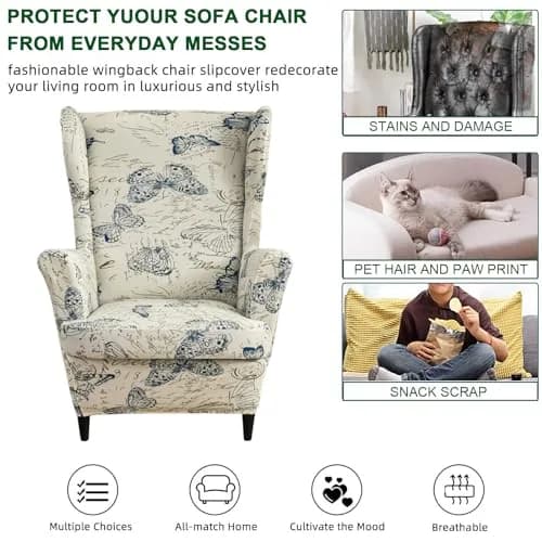 CRFATOP Wingback Chair Cover Color 04 Floral Pattern Stretchable Armchair Slipcover for Living Room, 2 Pieces (Fits 37.4-43.3in Backrest) thumbnail 5