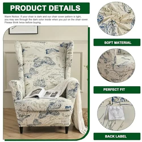 CRFATOP Wingback Chair Cover Color 04 Floral Pattern Stretchable Armchair Slipcover for Living Room, 2 Pieces (Fits 37.4-43.3in Backrest) thumbnail 2