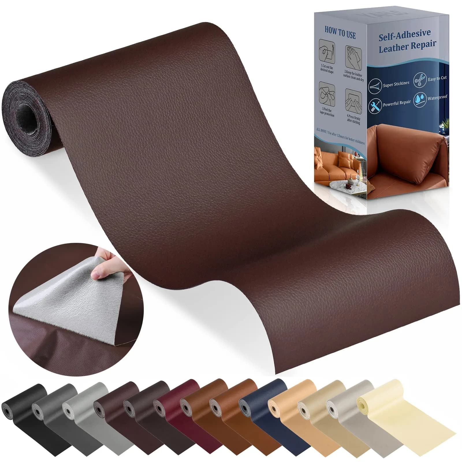 YAFLC Self Adhesive Leather Repair Patch Tape Kit 1mm Thick, 10cm x 60cm (4" x 63") | Waterproof & Durable for Furniture & Car Seats - main product image