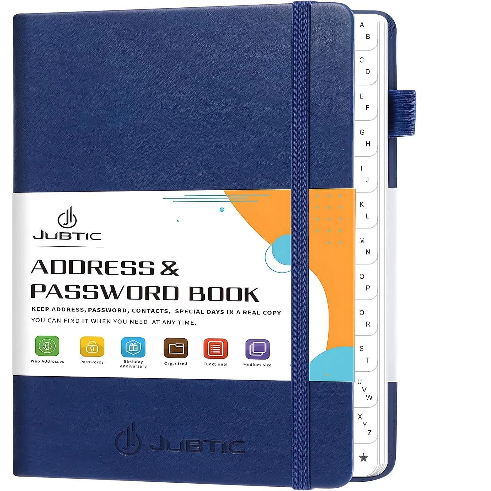 JUBTIC Address Book Password Keeper with Alphabetical Tabs 5.3"x7.7" | Organize Contacts & Passwords — Navy Blue