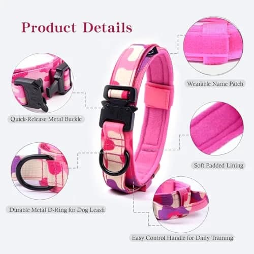 Xqpetlihai Tactical Dog Collar Adjustable Military Nylon Dog Collar with Control Handle and Heavy Duty Metal Buckle for Medium and Large Dogs (Pink Camo,L) | Heavy Duty Nylon & Metal Buckle thumbnail 4