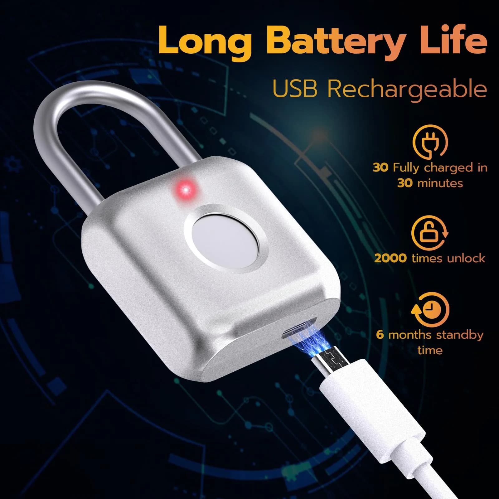 Pothunder Biometric Fingerprint Padlock Silver | Keyless Smart Lock for Gym Locker, Luggage, Backpack - view 5
