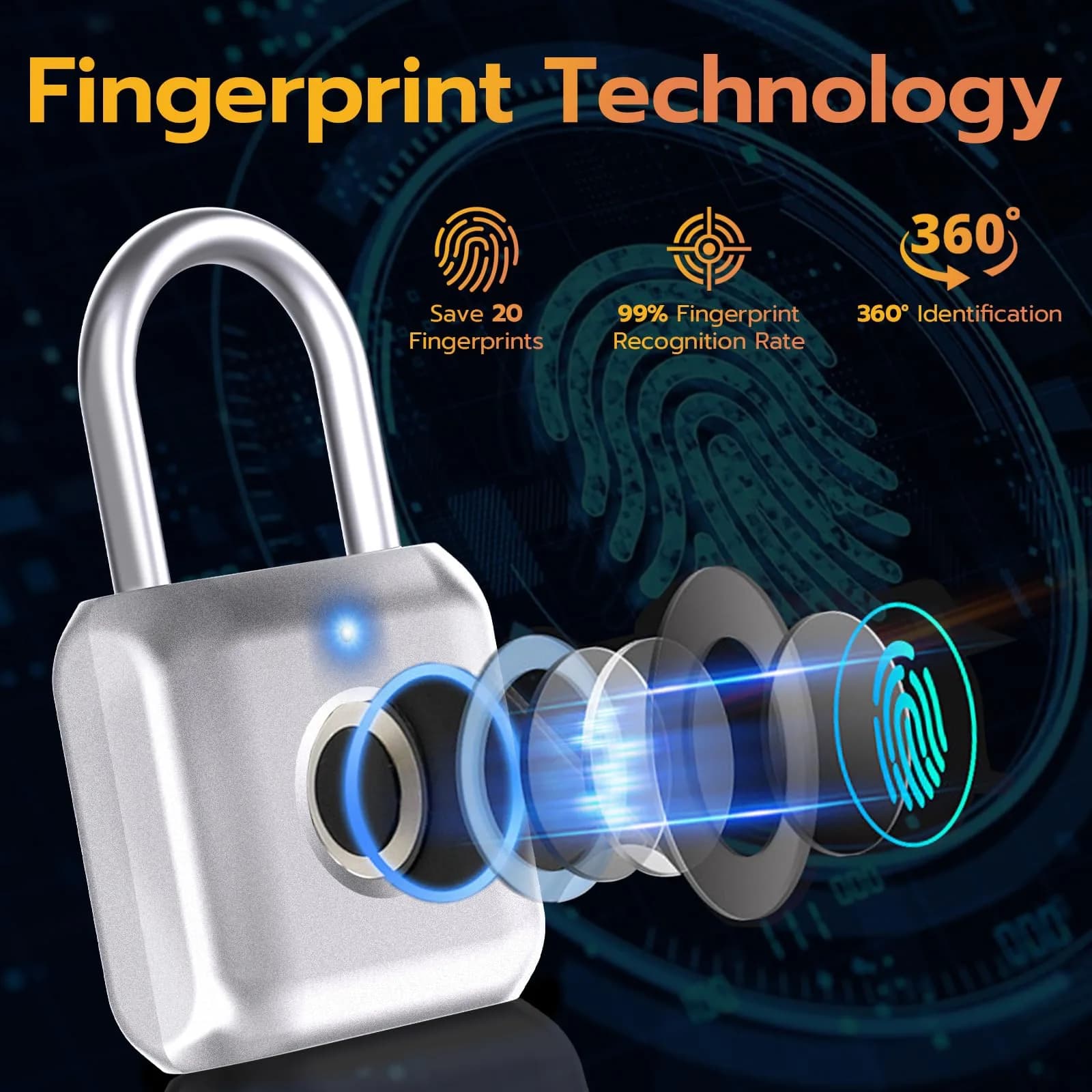 Pothunder Biometric Fingerprint Padlock Silver | Keyless Smart Lock for Gym Locker, Luggage, Backpack - view 3