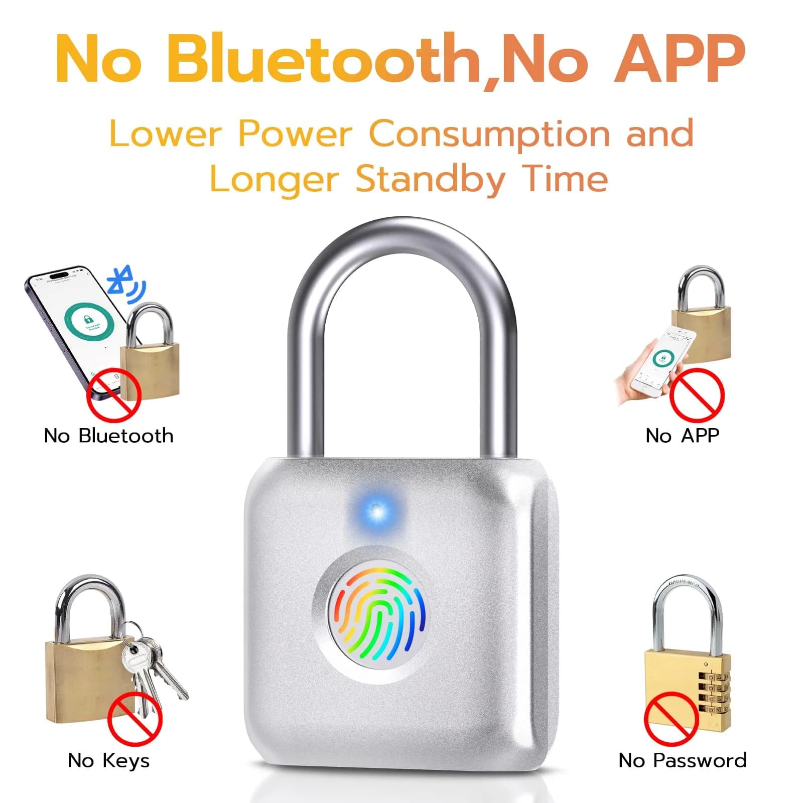 Pothunder Biometric Fingerprint Padlock Silver | Keyless Smart Lock for Gym Locker, Luggage, Backpack - view 4