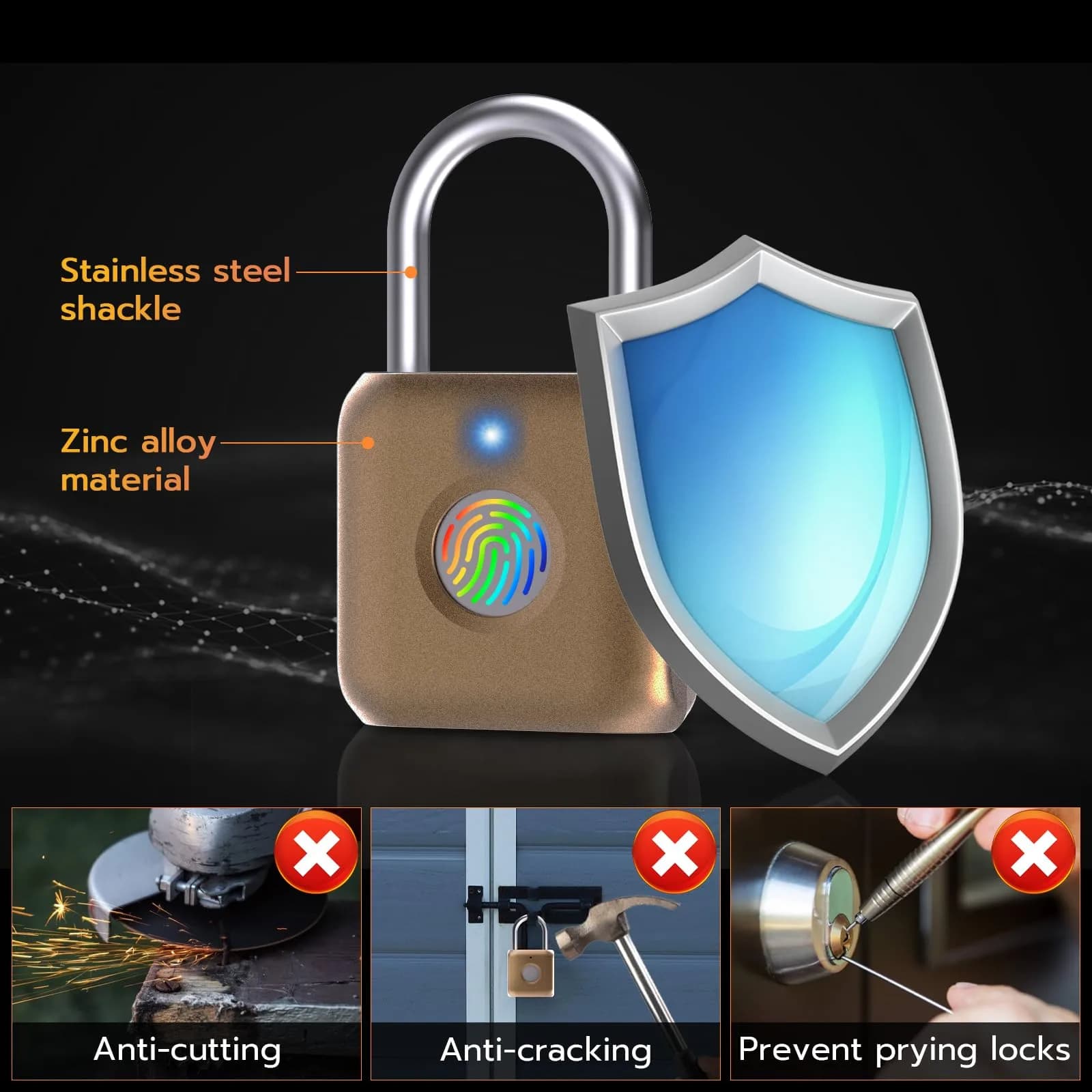 Pothunder Fingerprint Padlock Placer Gold | 62g (2.18 oz) USB Rechargeable Biometric Lock - view 7
