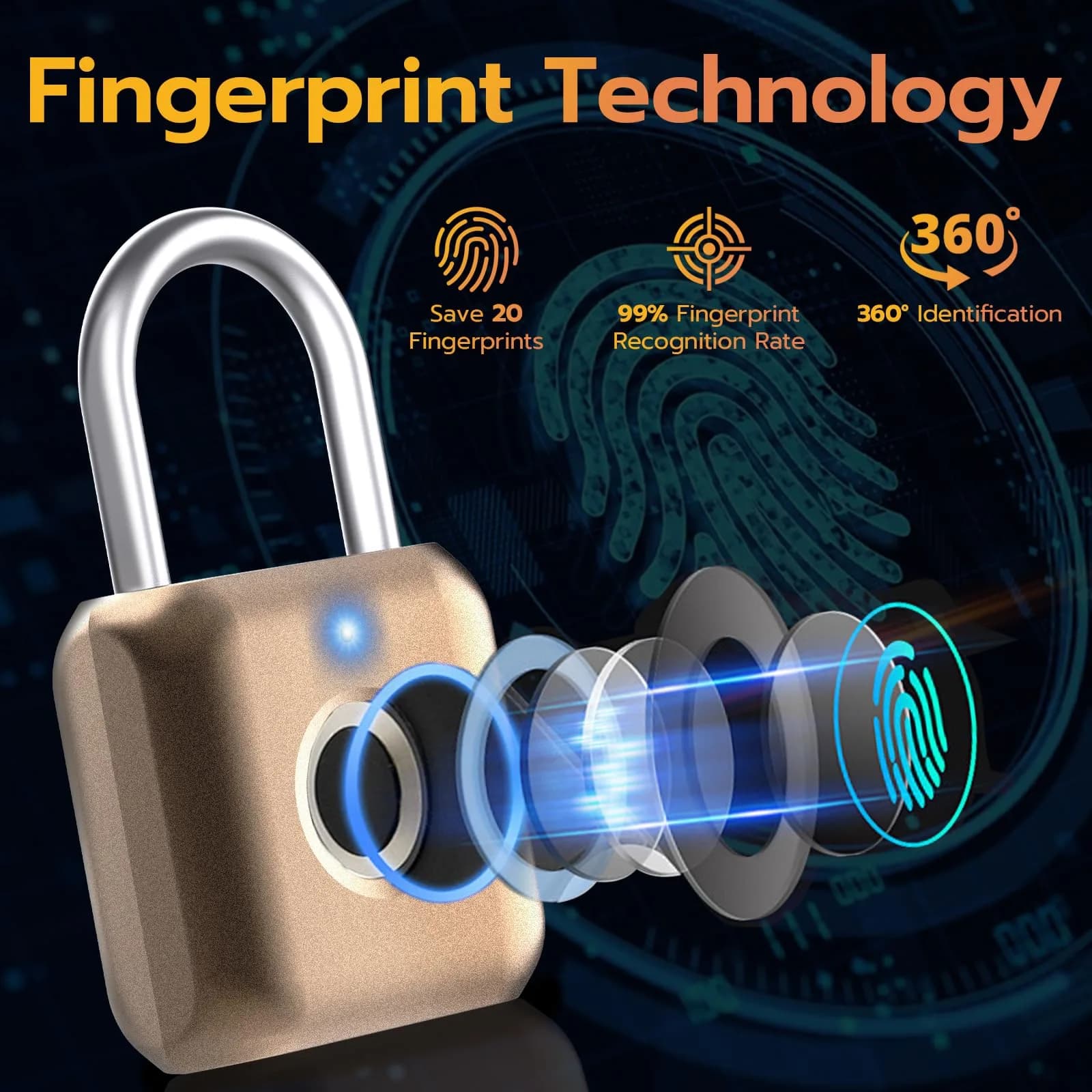 Pothunder Biometric Fingerprint Padlock - Placer Gold | Keyless Smart Lock for Gym, Luggage, Backpack - view 3