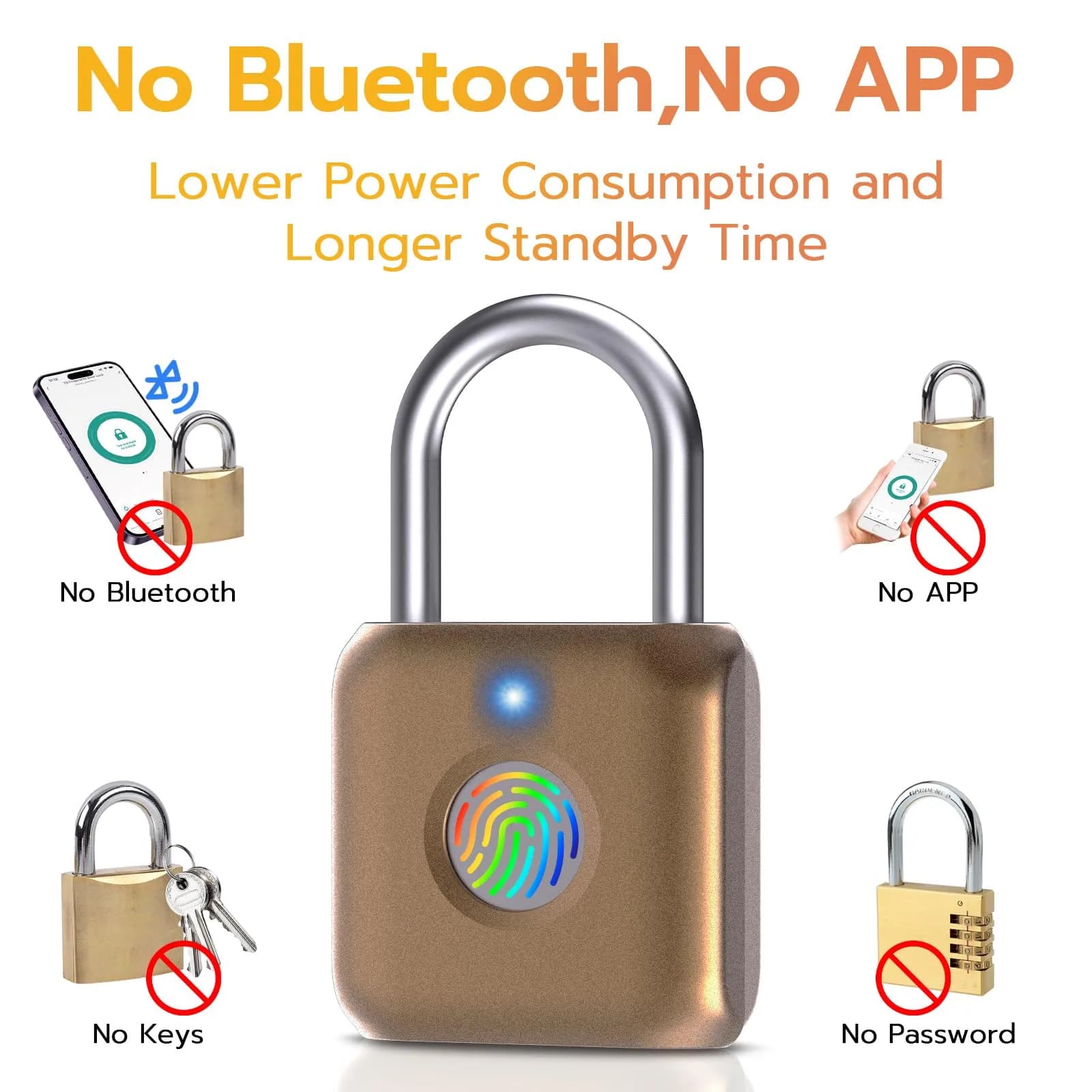 Pothunder Biometric Fingerprint Padlock - Placer Gold | Keyless Smart Lock for Gym, Luggage, Backpack - view 4