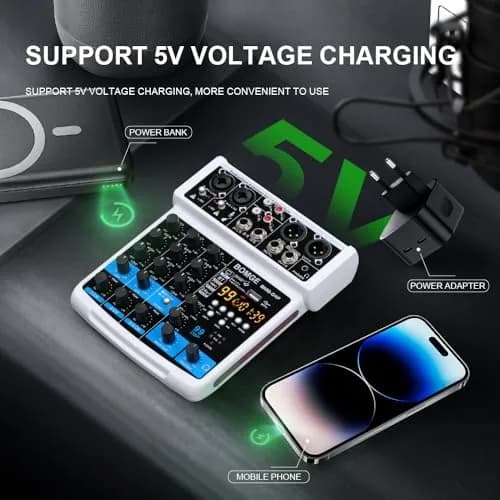 BOMGE 4 Channel Professional Audio Mixer, Sound Board Mixing Console 24.2cm (9.5in) | USB, Bluetooth, 48V Phantom Power thumbnail 5