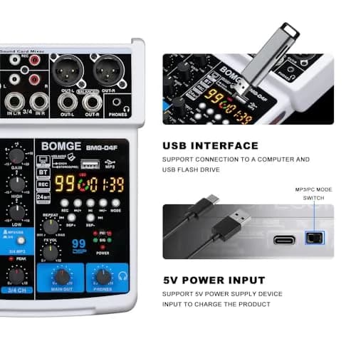 BOMGE 4 Channel Professional Audio Mixer, Sound Board Mixing Console 24.2cm (9.5in) | USB, Bluetooth, 48V Phantom Power thumbnail 6