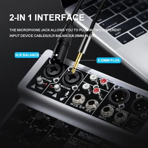 BOMGE 4 Channel Professional Audio Mixer, Sound Board Mixing Console 24.2cm (9.5in) | USB, Bluetooth, 48V Phantom Power thumbnail 3
