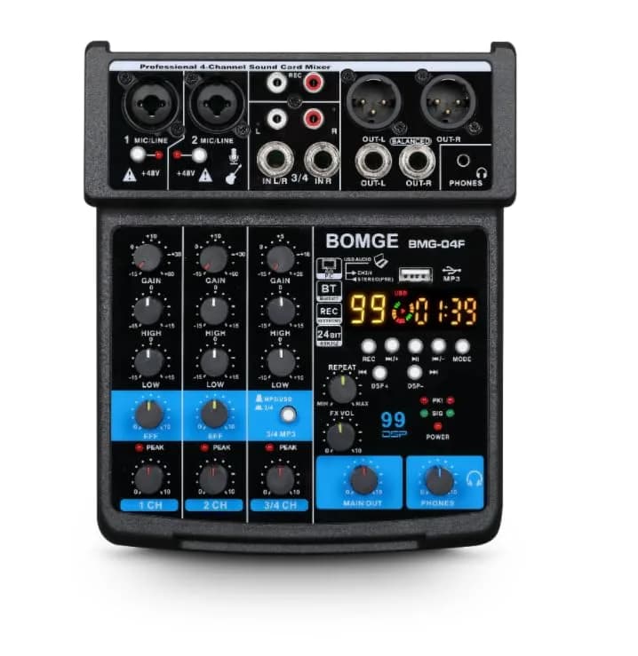 BOMGE 4 Channel mini DJ Audio Sound Mixer Interface with MP3 USB Bluetooth 48V Phantom Power 99 DSP | Compact, versatile, ideal for karaoke & streaming thumbnail 2