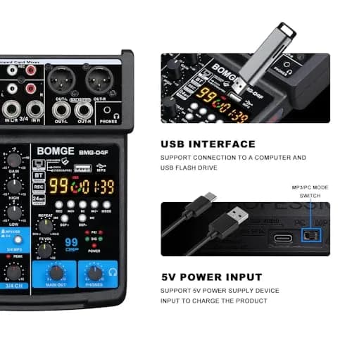 BOMGE 4 Channel mini DJ Audio Sound Mixer Interface with MP3 USB Bluetooth 48V Phantom Power 99 DSP | Compact, versatile, ideal for karaoke & streaming thumbnail 6