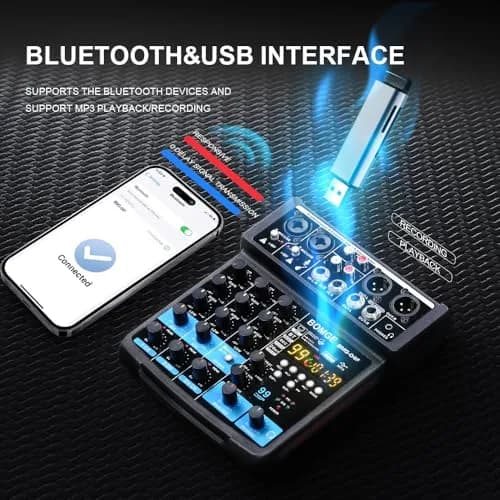 BOMGE 4 Channel mini DJ Audio Sound Mixer Interface with MP3 USB Bluetooth 48V Phantom Power 99 DSP | Compact, versatile, ideal for karaoke & streaming thumbnail 3