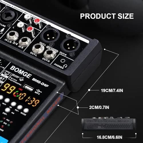 BOMGE 4 Channel mini DJ Audio Sound Mixer Interface with MP3 USB Bluetooth 48V Phantom Power 99 DSP | Compact, versatile, ideal for karaoke & streaming thumbnail 9