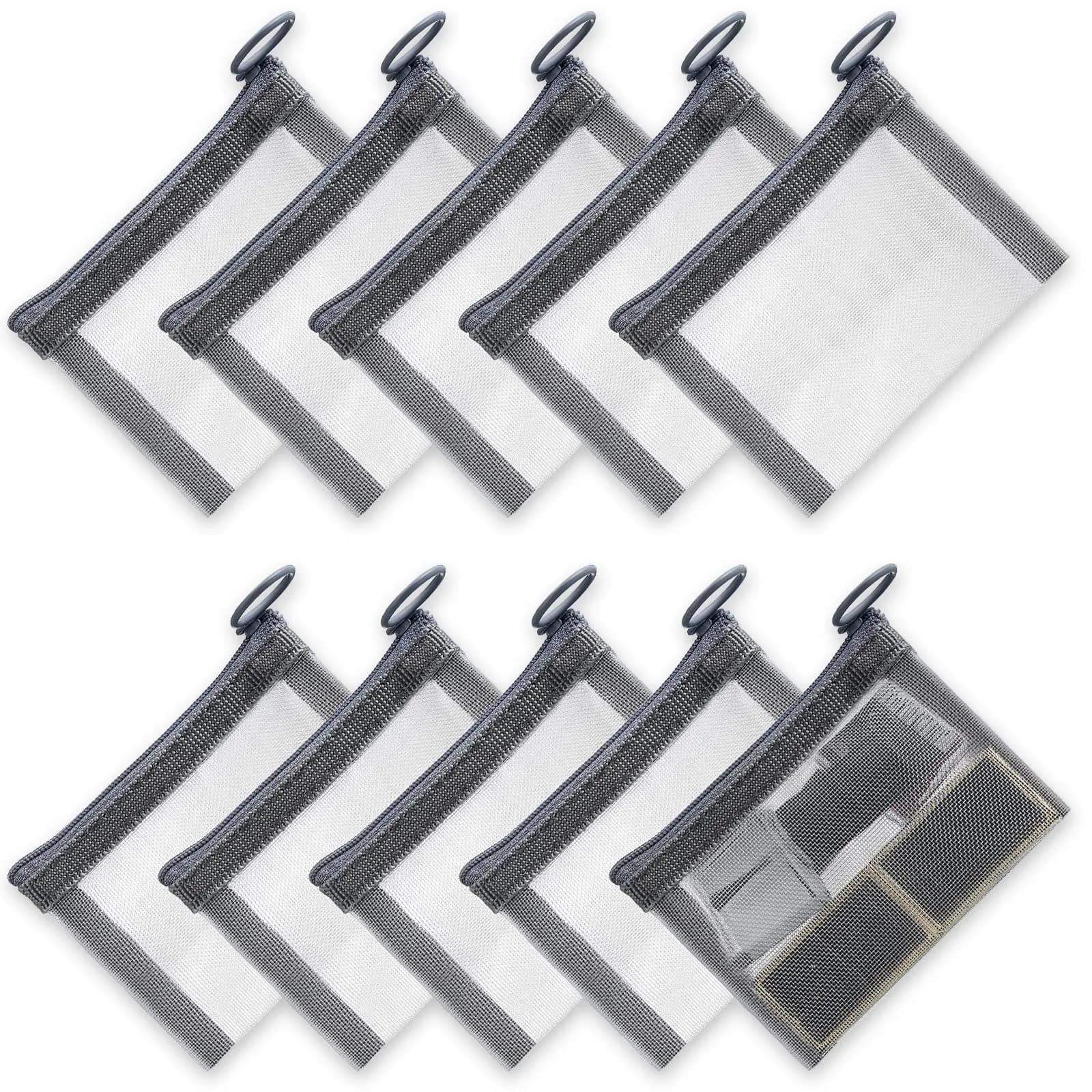 Frienda 10 Pcs Small Mesh Zipper Bags 12.7cm x 10.16cm (5" x 4") | Grey Nylon Cosmetic Travel Pouches — Grey