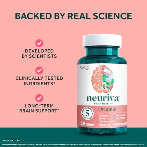 NEURIVA Original Brain Supplements for Memory and Focus 28 Count Capsules | Clinically Tested Nootropics Phosphatidylserine and Neurofactor thumbnail 5
