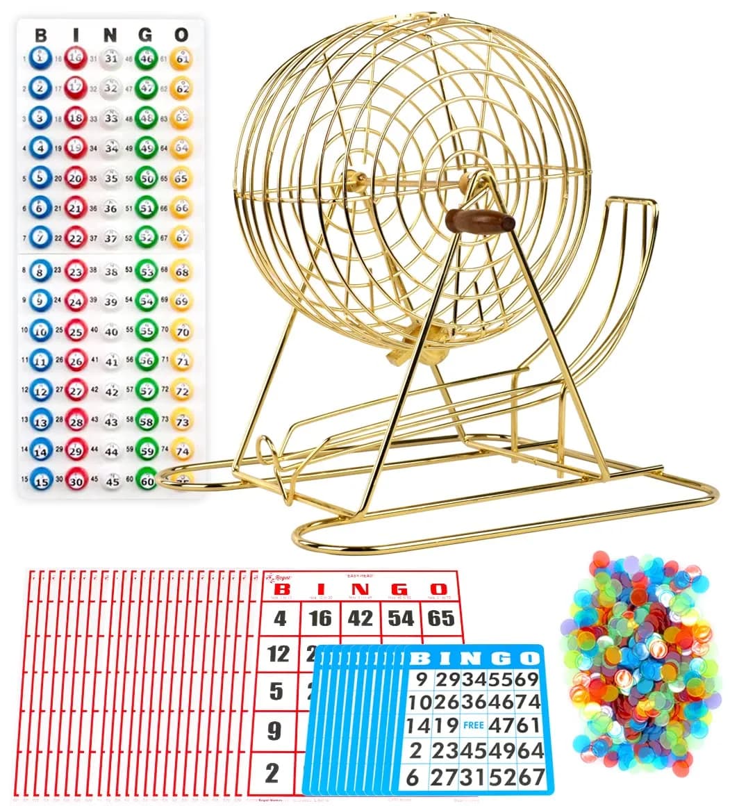 Regal Games Professional Bingo Game Set with 11" Wheel Cage & 75 Balls | Large Print Cards for Adults & Kids