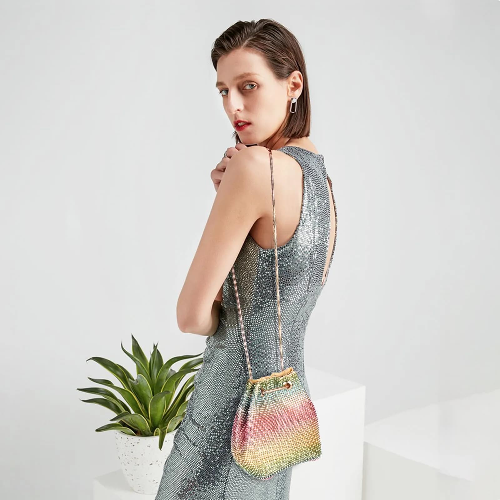 JIAN YA NA Rhinestone Trihedral Bucket Bag - Rainbow - view 3